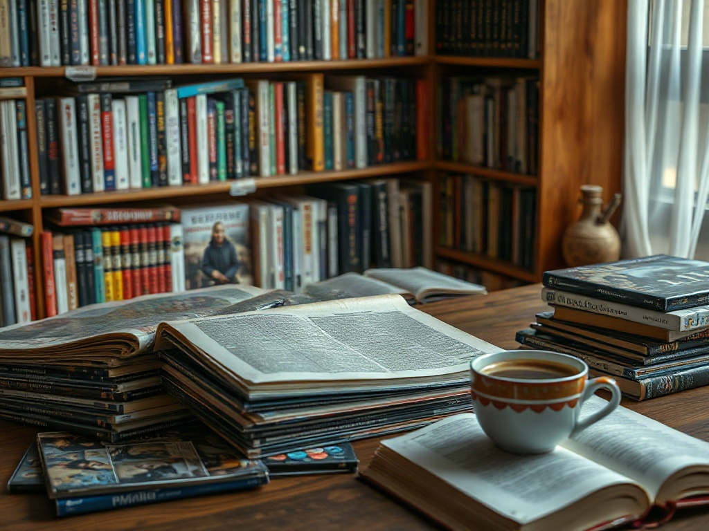 Стол, заваленный книгами и журналами, рядом чашка кофе. На заднем плане - библиотека с полками книг.
